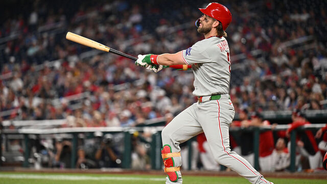 WASHINGTON, DC - JUNE 25: Bryce Harper #3 of the Philadelphia Phillies hits a two-run home run in the ninth inning against the Washington Nationals at Nationals Park on June 25, 2026 in Washington, DC.