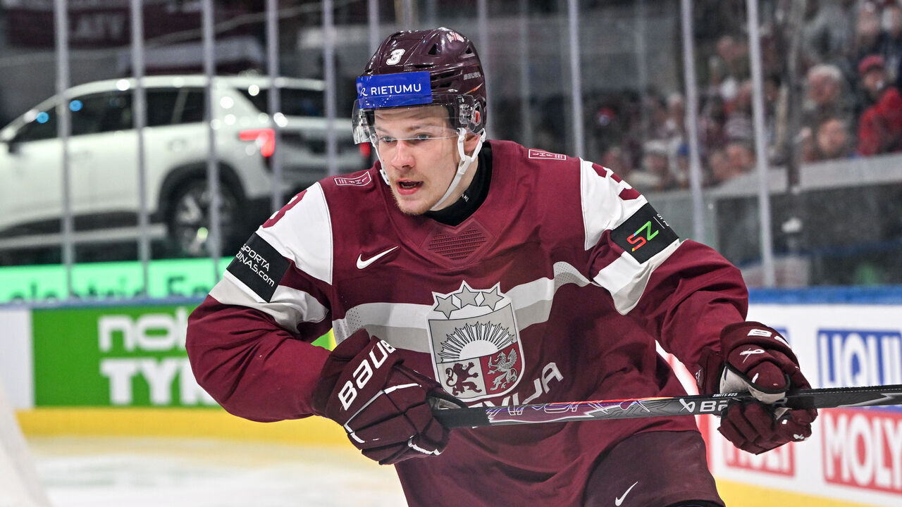 ZURICH, SWITZERLAND - MAY 21: Alberts Smits of Latvia in action during the 2026 IIHF Ice Hockey World Championship Switzerland game between Latvia and Finland at Swiss Life Arena on May 21, 2026 in Zurich, Zurich.