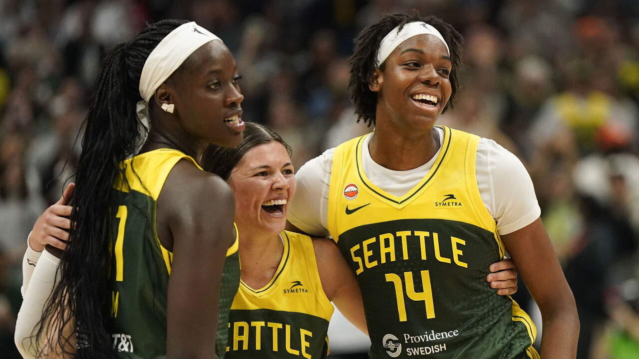SEATTLE, WA - JUNE 25 : Jade Melbourne #5, Dominique Malonga #14, and Awa Fam #11 of the Seattle Storm smile after the game against the New York Liberty on June 25, 2026 at Climate Pledge Arena in Seattle, Washington. Mandatory Copyright Notice: Copyright 2026 NBAE