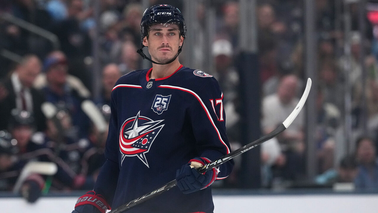 COLUMBUS, OHIO - APRIL 04: Mason Marchment #17 of the Columbus Blue Jackets seen in action during the game against the Winnipeg Jets at Nationwide Arena on April 04, 2026 in Columbus, Ohio.