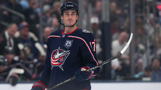 COLUMBUS, OHIO - APRIL 04: Mason Marchment #17 of the Columbus Blue Jackets seen in action during the game against the Winnipeg Jets at Nationwide Arena on April 04, 2026 in Columbus, Ohio.