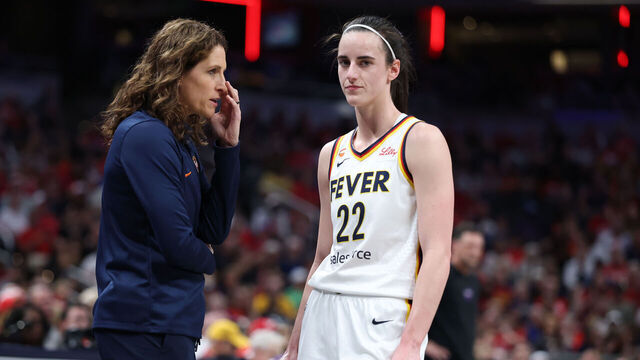 INDIANAPOLIS, INDIANA - JUNE 24: Caitlin Clark #22 of the Indiana Fever talks with Head Coach Stephanie White during the game against the Phoenix Mercury at Gainbridge Fieldhouse on June 24, 2026 in Indianapolis, Indiana. OTE TO USER: User expressly acknowledges and agrees that, by downloading and or using this photograph, User is consenting to the terms and conditions of the Getty Images License