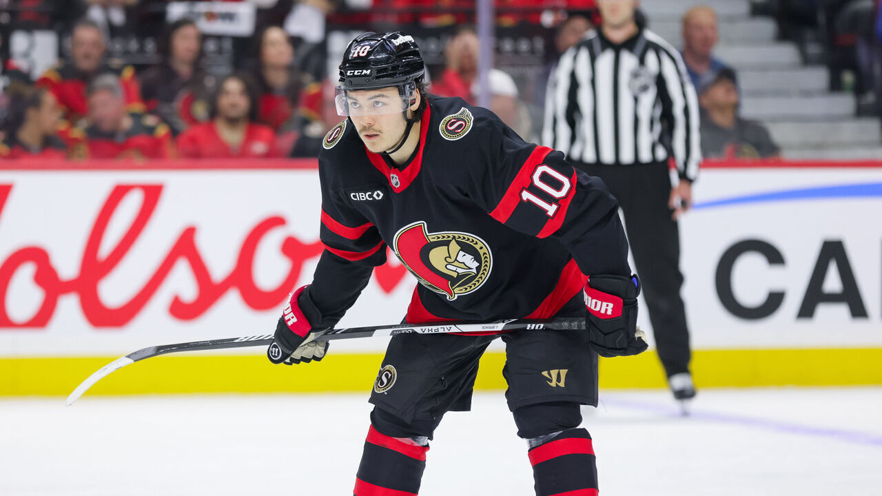 OTTAWA, ON - APRIL 25: Jordan Spence #10 of the Ottawa Senators before a face-off against the Carolina Hurricanes in Game Four of the First Round of the 2026 Stanley Cup Playoffs on April 25, 2026, at Canadian Tire Centre in Ottawa, ON, Canada.