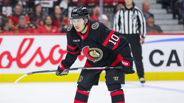 OTTAWA, ON - APRIL 25: Jordan Spence #10 of the Ottawa Senators before a face-off against the Carolina Hurricanes in Game Four of the First Round of the 2026 Stanley Cup Playoffs on April 25, 2026, at Canadian Tire Centre in Ottawa, ON, Canada.