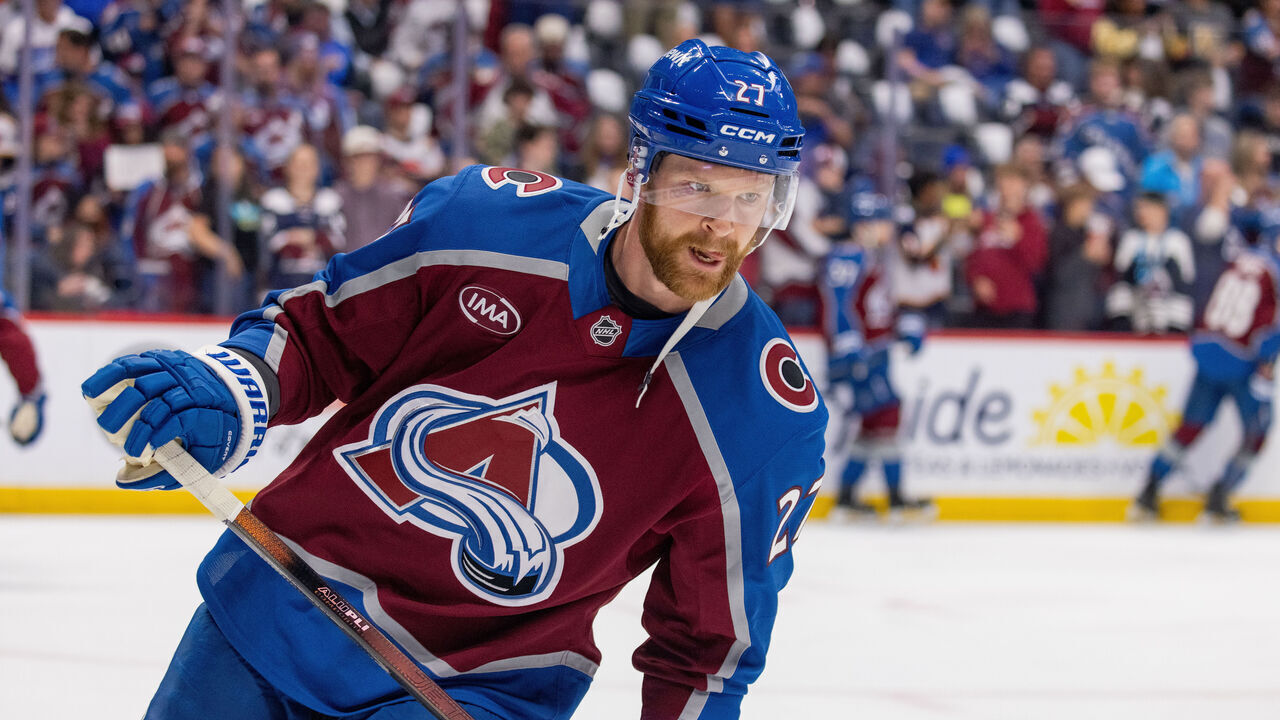 DENVER, COLORADO - MAY 22: Brett Kulak #27 of the Colorado Avalanche skates in warmups ahead of Game Two of the Western Conference Final against the Vegas Golden Knights at Ball Arena on May 22, 2026 in Denver, Colorado.