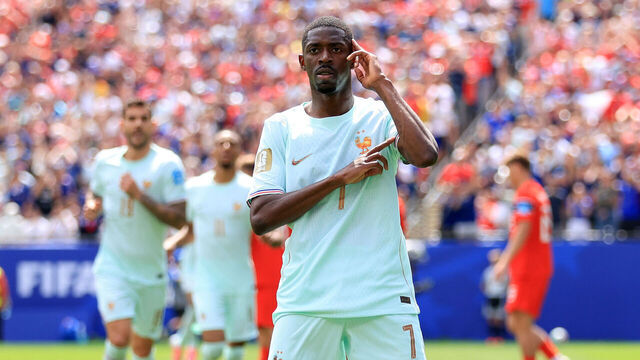 FOXBOROUGH, MASSACHUSETTS - JUNE 26: Ousmane Dembele of France celebrates after scoring the opening goal during the FIFA World Cup 2026 Group I match between Norway and France at Boston Stadium on June 26, 2026 in Foxborough, United States.