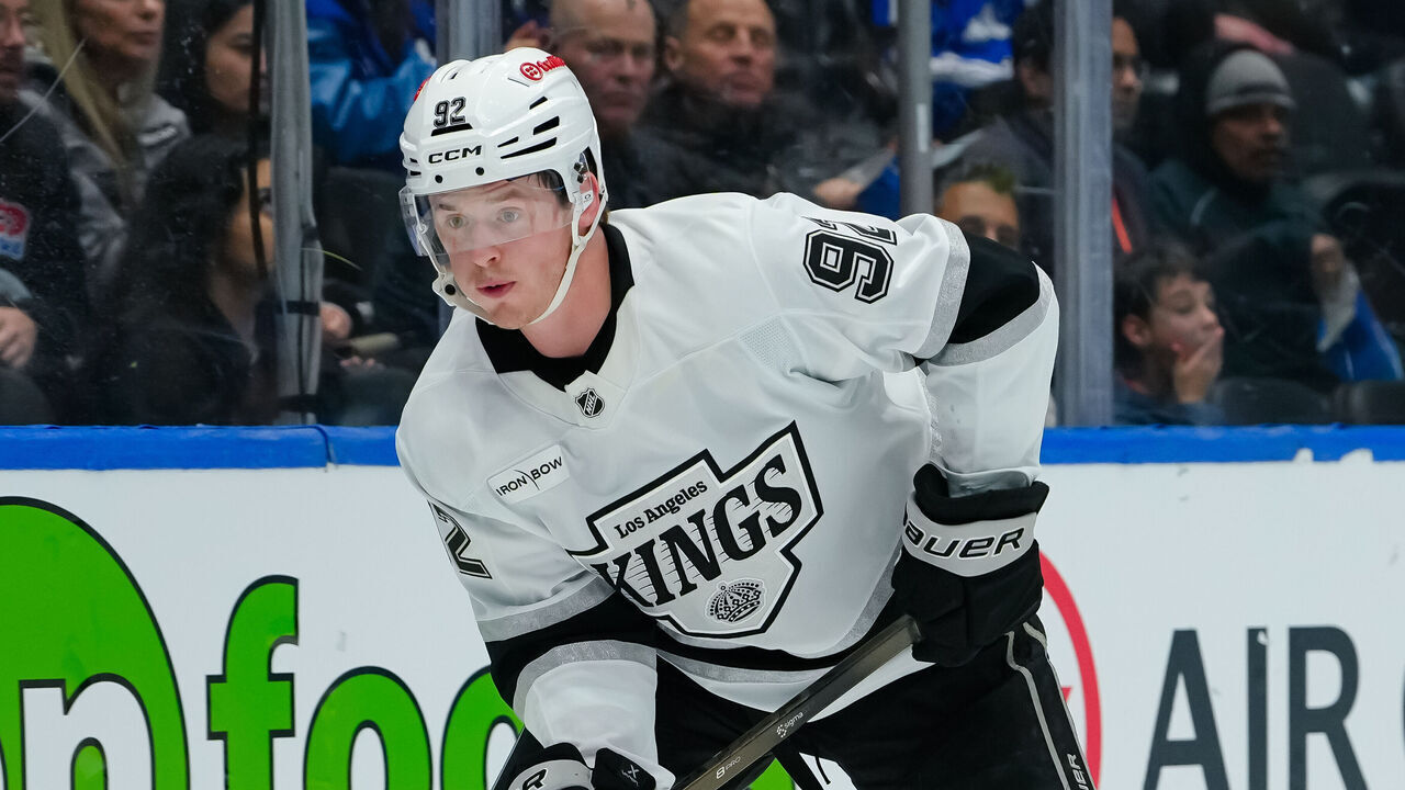 VANCOUVER, CANADA - APRIL 14: Brandt Clarke #92 of the Los Angeles Kings skates during the first period of their NHL game against the Vancouver Canucks at Rogers Arena on April 14, 2026 in Vancouver, British Columbia, Canada.