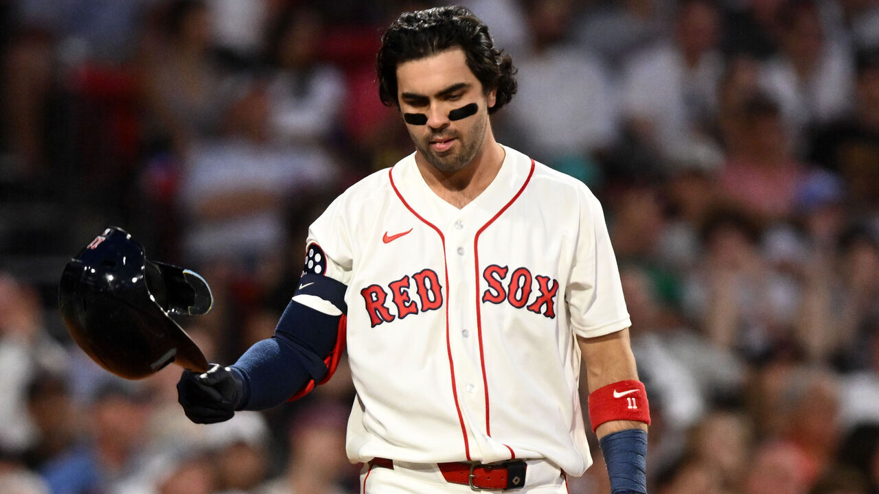 BOSTON, MASSACHUSETTS - JUNE 25: Marcelo Mayer #11 of the Boston Red Sox reacts after striking out to end the fourth inning against the New York Yankees at Fenway Park on June 25, 2026 in Boston, Massachusetts.