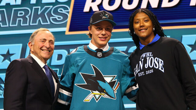 BUFFALO, NEW YORK - JUNE 26: NHL commissioner Gary Bettman looks on as Ivar Stenberg of Sweden is drafted by the San Jose Sharks with the second overall pick during day one of the 2026 NHL Draft on June 26, 2026 in Buffalo, New York.