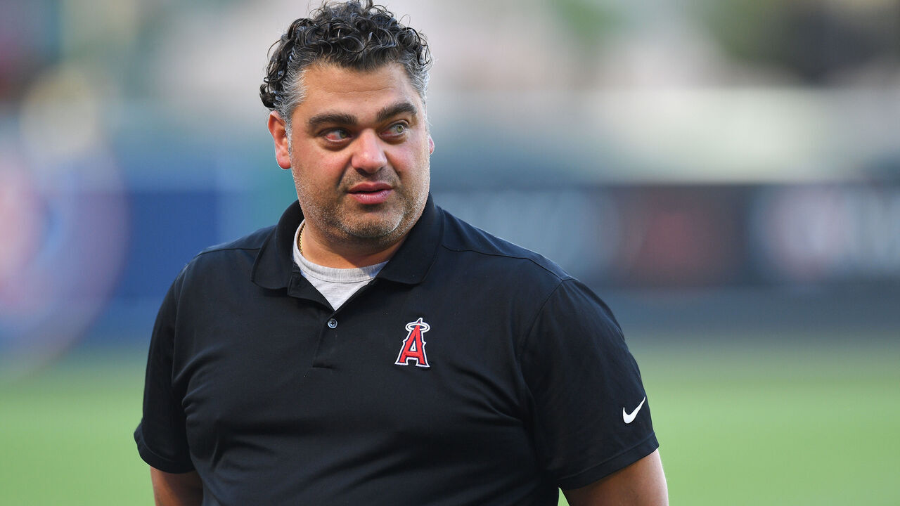 ANAHEIM, CA - SEPTEMBER 26: Los Angeles Angels of Anaheim general manager Perry Minasian looks on before during the MLB game between the Texas Rangers and the Los Angeles Angels of Anaheim on September 26, 2023 at Angel Stadium of Anaheim in Anaheim, CA.