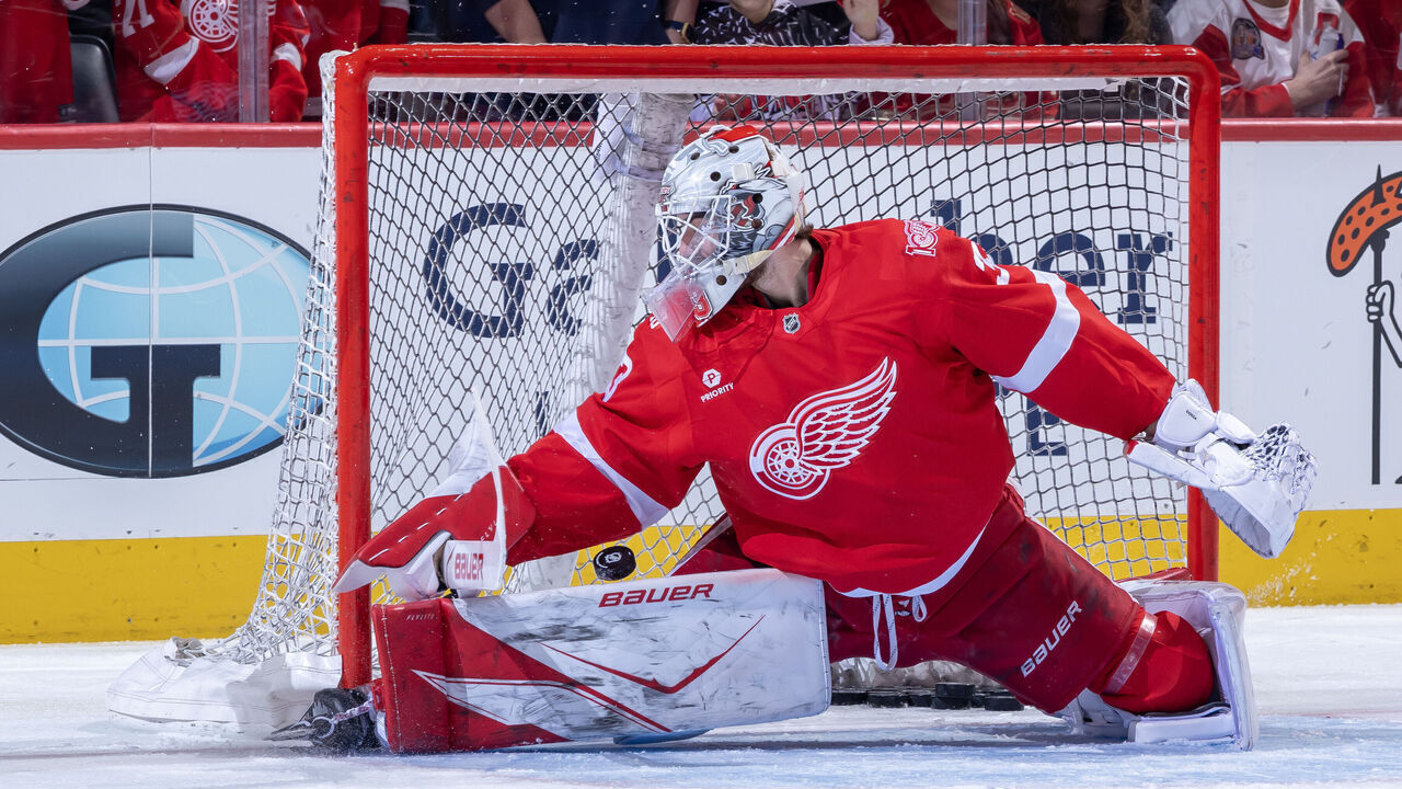 DETROIT, MICHIGAN - MARCH 04:Sebastian Cossa #33 of the Detroit Red Wings takes some shots in warm ups before the game against the Vegas Golden Knights at Little Caesars Arena on March 4, 2026 in Detroit, Michigan.