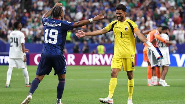 HOUSTON, TEXAS - JUNE 26: Dailon Livramento #19 and Vozinha #1 of Cabo Verde celebrate after the 0-0 draw during the FIFA World Cup 2026 Group H match between Cabo Verde and Saudi Arabia at Houston Stadium on June 26, 2026 in Houston, Texas.