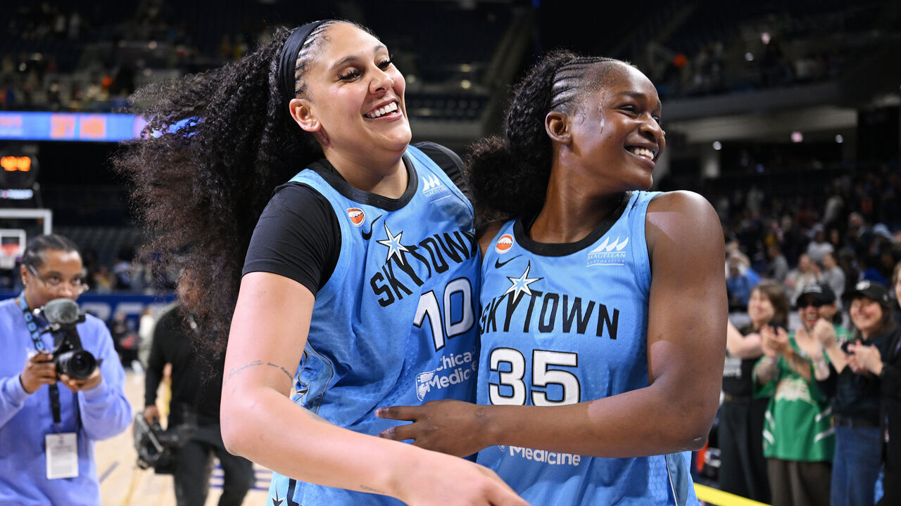 CHICAGO, ILLINOIS - JUNE 24: Kamilla Cardoso #10 and Aicha Coulibaly #35 of the Chicago Sky celebrate after the game against the Portland Fire at Wintrust Arena on June 24, 2026 in Chicago, Illinois.