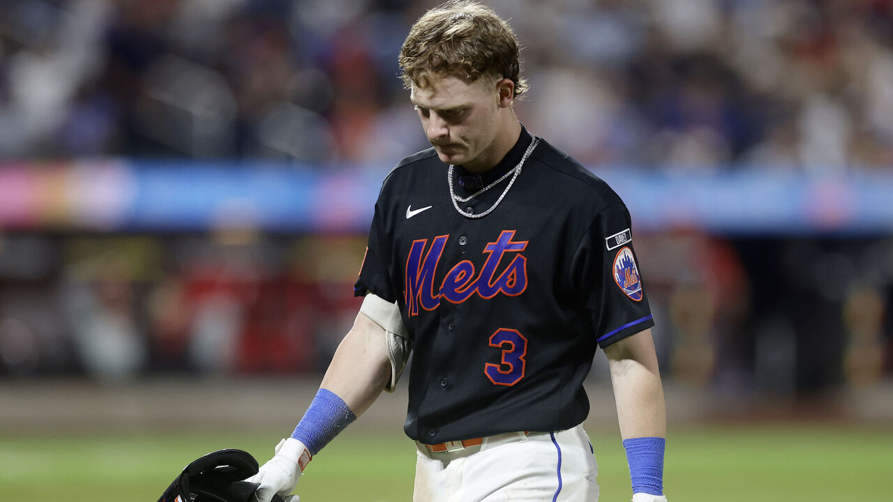 NEW YORK, NEW YORK - JUNE 26: Carson Benge #3 of the New York Mets walks back to the dugout after popping out to end the eighth inning against the Philadelphia Phillies at Citi Field on June 26, 2026 in New York City.