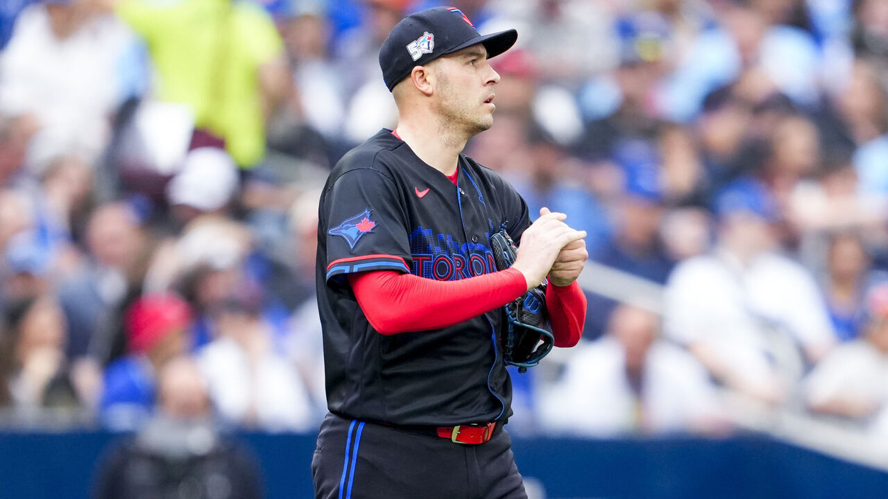 TORONTO, CANADA - JUNE 26: Patrick Corbin #46 of the Toronto Blue Jays looks on in a break in play against the Texas Rangers during the first inning in their MLB game at the Rogers Centre on June 26, 2026 in Toronto, Ontario, Canada.