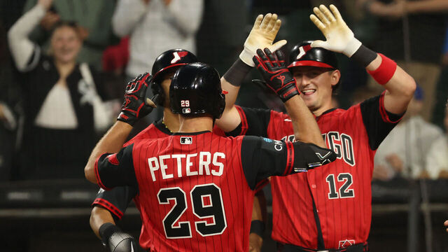 CHICAGO, ILLINOIS - JUNE 26: Tristan Peters #29 of the Chicago White Sox celebrates his grand slam with teammates Colson Montgomery #12 and Braden Montgomery #24 during the sixth inning against the Kansas City Royals at Rate Field on June 26, 2026 in Chicago, Illinois.