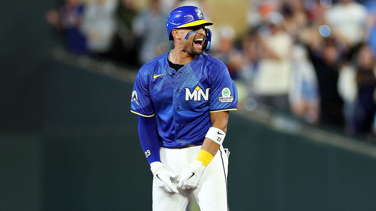 MINNEAPOLIS, MINNESOTA - JUNE 26: Royce Lewis #23 of the Minnesota Twins celebrates his walk-off RBI single against the Colorado Rockies in the tenth inning at Target Field on June 26, 2026 in Minneapolis, Minnesota. The Twins defeated the Rockies 9-8 in ten innings.