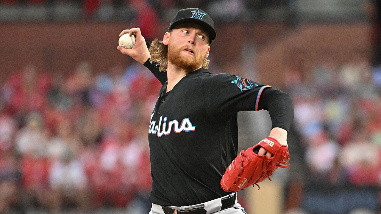 ST LOUIS, MISSOURI - JUNE 26: Max Meyer #23 of the Miami Marlins pitches against the St. Louis Cardinals during the fourth inning at Busch Stadium on June 26, 2026 in St Louis, Missouri.