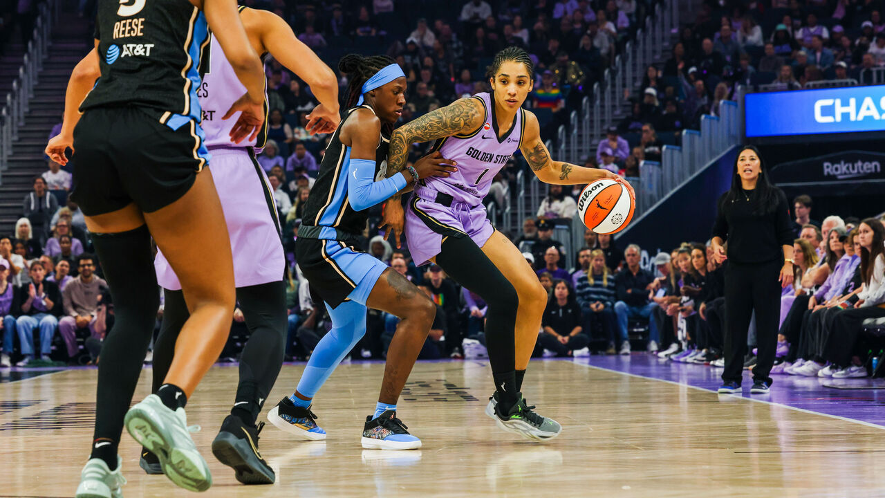 Golden State Valkyries forward Gabby Williams (1) is defended by Atlanta Dream guard Jordin Canada (3) in the first half during Pride Night at Chase Center in San Francisco on Friday, June 26, 2026.