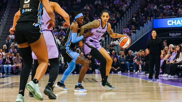 Golden State Valkyries forward Gabby Williams (1) is defended by Atlanta Dream guard Jordin Canada (3) in the first half during Pride Night at Chase Center in San Francisco on Friday, June 26, 2026.