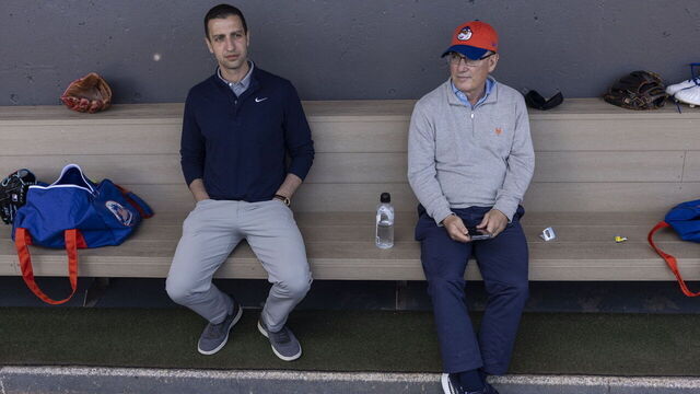 Port St. Lucie, FL: New York Mets General Manager David Stearns and owner Steve Cohen during a spring training workout in Port St. Lucie Florida on Feb. 17, 2025.