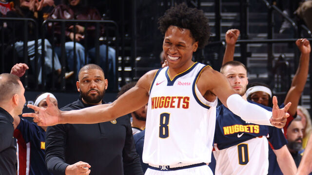 SALT LAKE CITY, UT - APRIL 1: Peyton Watson #8 of the Denver Nuggets celebrates during the game against the Utah Jazz on April 1, 2026 at Delta Center in Salt Lake City, Utah. Mandatory Copyright Notice: Copyright 2026 NBAE