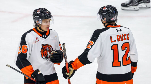 BRANDON, CANADA - NOVEMBER 15: Markus Ruck #26 and Liam Ruck #12 of the Medicine Hat Tigers discuss strategy during a third period stoppage of play against the Brandon Wheat Kings at Assiniboine Credit Union Place on November 15, 2025 in Brandon, Manitoba, Canada.