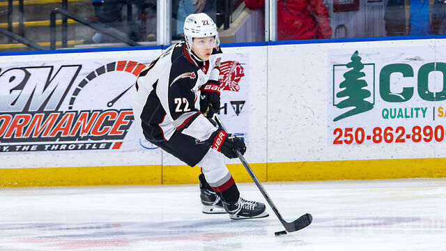KELOWNA, BRITISH COLUMBIA - MARCH 06: Joe Iginla #22 of the Vancouver Giants carries the puck against the Kelowna Rockets at Prospera Place on March 06, 2026 in Kelowna, British Columbia.
