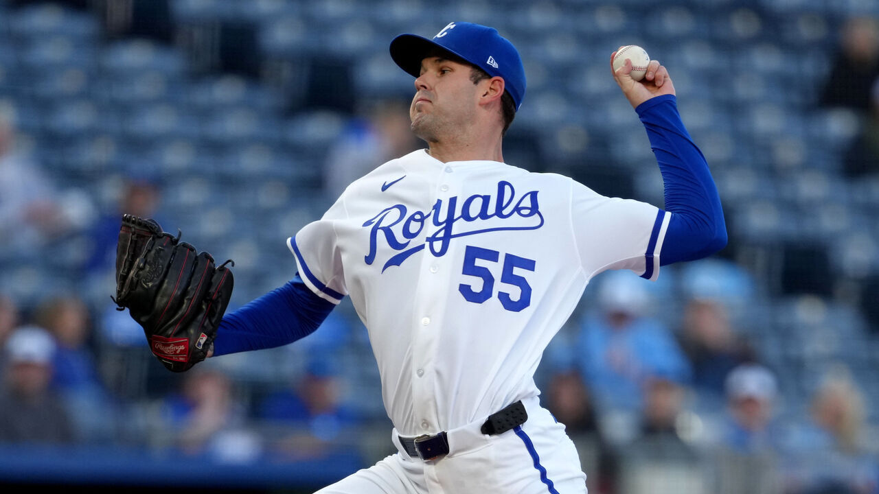 KANSAS CITY, MISSOURI - MAY 06: Starting pitcher Cole Ragans #55 of the Kansas City Royals warms up before throwing against the Cleveland Guardians in the first inning at Kauffman Stadium on May 06, 2026 in Kansas City, Missouri.