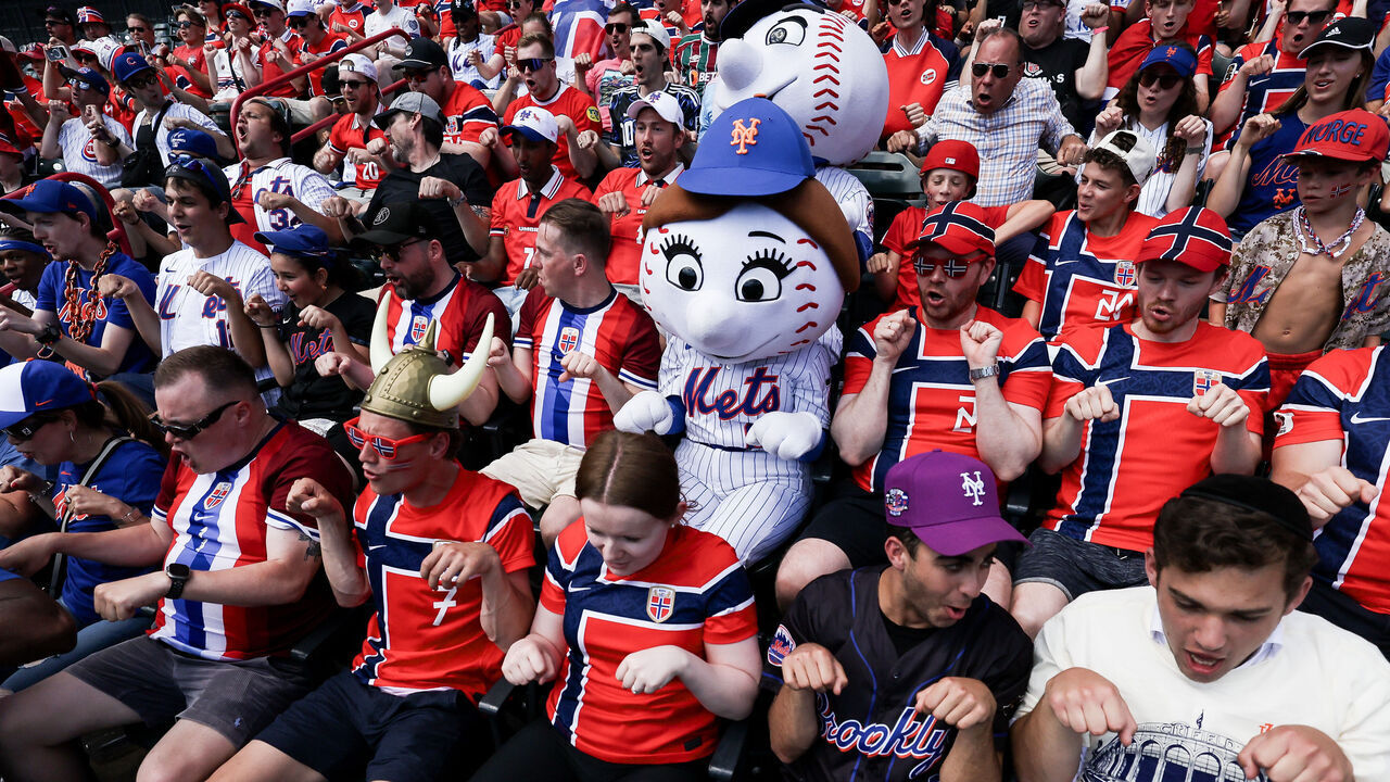 NEW YORK, NEW YORK - JUNE 24: Fans of Norway National team perform a 'Viking Row' during the sixth inning between the New York Mets and the Chicago Cubs in game one of a doubleheader at Citi Field on June 24, 2026 in New York City.