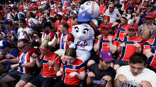 NEW YORK, NEW YORK - JUNE 24: Fans of Norway National team perform a 'Viking Row' during the sixth inning between the New York Mets and the Chicago Cubs in game one of a doubleheader at Citi Field on June 24, 2026 in New York City.