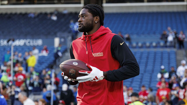 SEATTLE, WASHINGTON - OCTOBER 10: Wide receiver Brandon Aiyuk #11 of the San Francisco 49ers warms up prior to an NFL football game against the Seattle Seahawks, at Lumen Field on October 10, 2024 in Seattle, Washington.