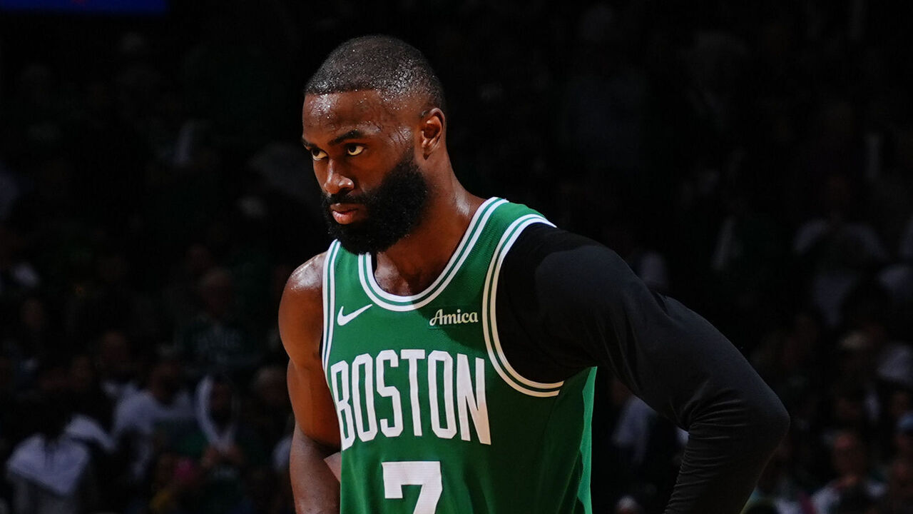 BOSTON, MA - MAY 2: Jaylen Brown #7 of the Boston Celtics looks on during the game against the Philadelphia 76ers during Round One Game Seven of the 2026 NBA Playoffs on May 2, 2026 at TD Garden in Boston, Massachusetts. NOTE TO USER: User expressly acknowledges and agrees that, by downloading and/or using this Photograph, user is consenting to the terms and conditions of the Getty Images License Agreement. Mandatory Copyright Notice: Copyright 2026 NBAE