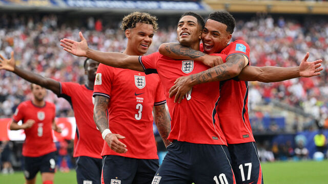 England's midfielder #10 Jude Bellingham celebrates scoring his team's first goal during the 2026 World Cup Group L football match between Panama and England at the New York/New Jersey Stadium in East Rutherford on June 27, 2026.