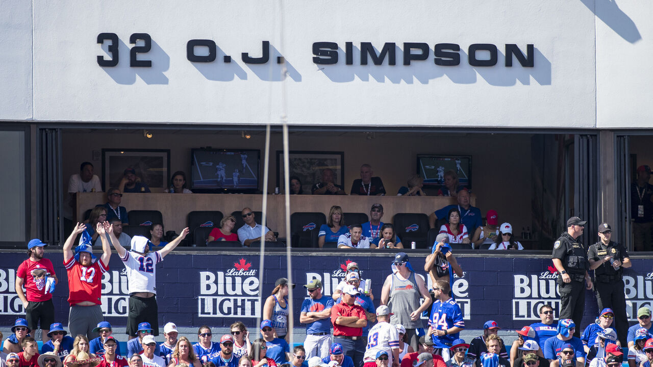 ORCHARD PARK, NY - SEPTEMBER 22: Detail view of O.J. Simpson name and number above fans at New Era Field during the game between the Buffalo Bills and the Cincinnati Bengals on September 22, 2019 in Orchard Park, New York. Buffalo defeats Cincinnati 21-17.