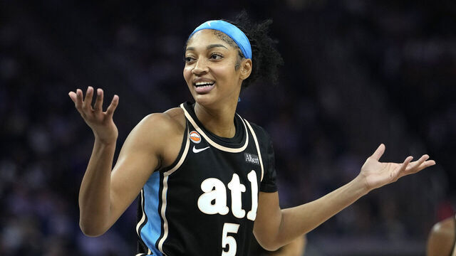 SAN FRANCISCO, CALIFORNIA - JUNE 26: Angel Reese #5 of the Atlanta Dream reacts after a no call against the Golden State Valkyries during the second half of a WNBA basketball game at Chase Center on June 26, 2026 in San Francisco, California.