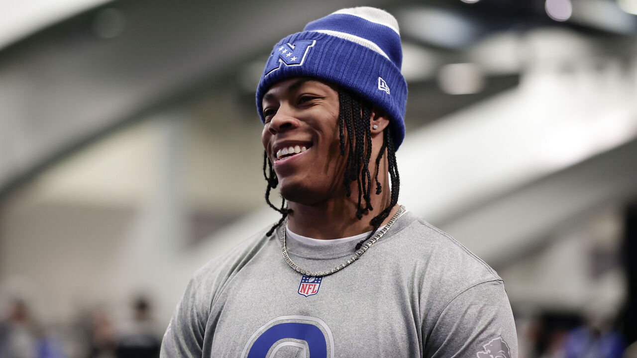 SAN FRANCISCO, CALIFORNIA - FEBRUARY 2: Jahmyr Gibbs #0 of the Detroit Lions smiles during a Pro Bowl team practice during the NFL Pro Bowl Games at Moscone Center South on February 2, 2026 in San Francisco, California.