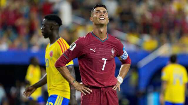 MIAMI GARDENS, FLORIDA - JUNE 27: Cristiano Ronaldo of Portugal reacts during the FIFA World Cup 2026 Group K match between Colombia and Portugal at Miami Stadium on June 27, 2026 in Miami Gardens, Florida.