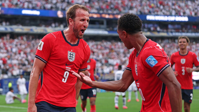 EAST RUTHERFORD, NEW JERSEY - JUNE 27: Harry Kane #9 of England celebrates with Jude Bellingham #10 after scoring the team's second goal during the FIFA World Cup 2026 Group L match between Panama and England at New York New Jersey Stadium on June 27, 2026 in East Rutherford, New Jersey.