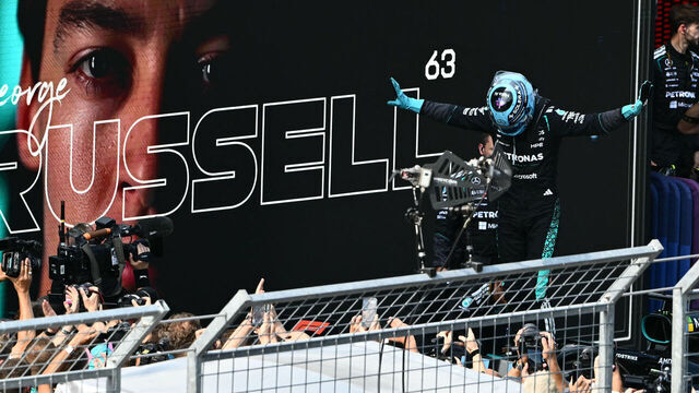 Mercedes' British driver George Russell celebrates after winning the Formula One Austrian Grand Prix at the Red Bull Ring race track in Spielberg, Austria on June 28, 2026.