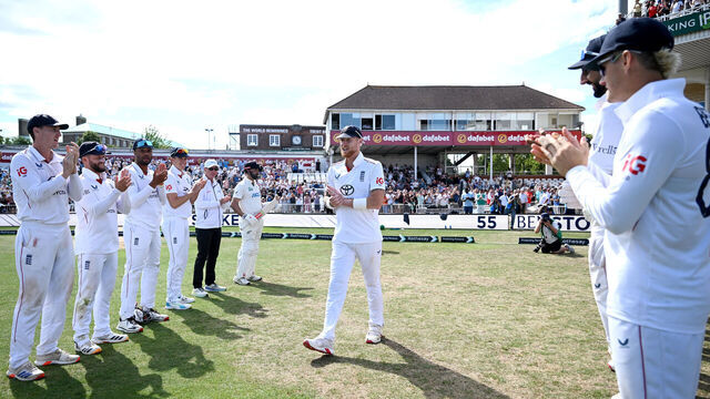 NOTTINGHAM, ENGLAND - JUNE 28: England captain Ben Stokes is is given a guard of honour as he walks out for the final session after announcing his international retirement during day four of the 3rd Rothesay Test Match between England and New Zealand at Trent Bridge on June 28, 2026 in Nottingham, England.