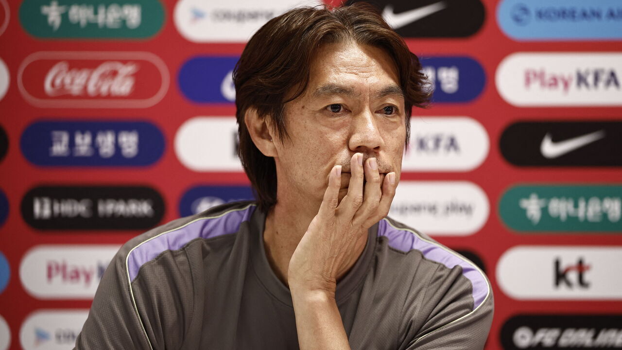 South Korea's head coach Hong Myung-bo gestures as he gives a press conference at Chivas Verde Valle in Guadalajara, Mexico on June 25, 2026, during the 2026 World Cup football tournament.