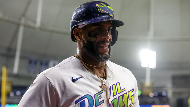 ST. PETERSBURG, FL - JUNE 26: Yandy Díaz #2 of the Tampa Bay Rays runs back to the dugout after scoring against the Arizona Diamondbacks during the seventh inning of a baseball game at Tropicana Field on June 26, 2026 in St. Petersburg, Florida.