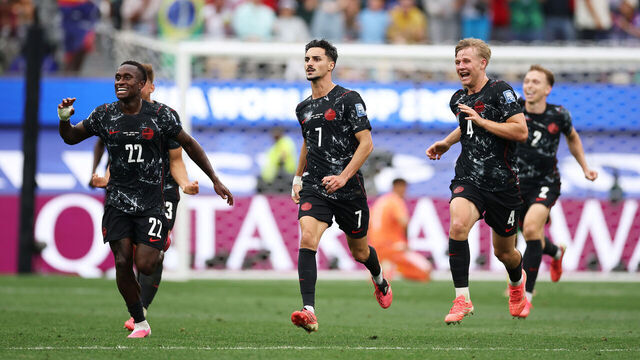 INGLEWOOD, CALIFORNIA - JUNE 28: Stephen Eustaquio #7 of Canada celebrates scoring his team's first goal with team mates during the FIFA World Cup 2026 Round Of 32 match between South Africa and Canada at Los Angeles Stadium on June 28, 2026 in Inglewood, California.