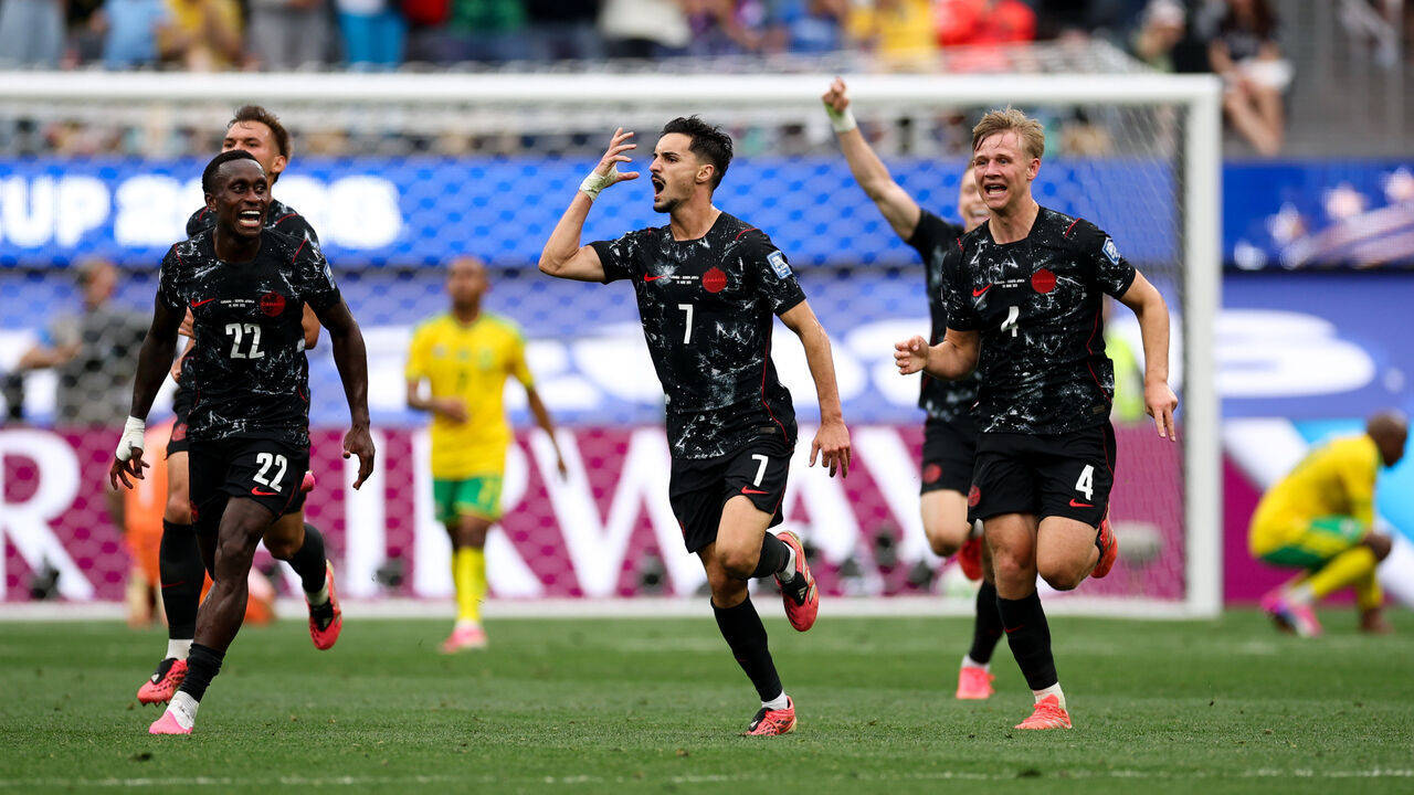 INGLEWOOD, CALIFORNIA - JUNE 28: Stephen Eustaquio #7 of Canada celebrates scoring his team's first goal with team mates during the FIFA World Cup 2026 Round Of 32 match between South Africa and Canada at Los Angeles Stadium on June 28, 2026 in Inglewood, California.
