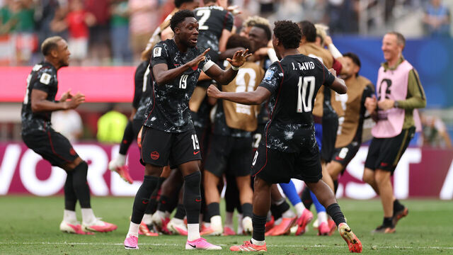 INGLEWOOD, CALIFORNIA - JUNE 28: Alphonso Davies #19 and Jonathan David #10 of Canada celebrate their side's first goal scored by Stephen Eustaquio #7 of Canada (not pictured) during the FIFA World Cup 2026 Round Of 32 match between South Africa and Canada at Los Angeles Stadium on June 28, 2026 in Inglewood, California.