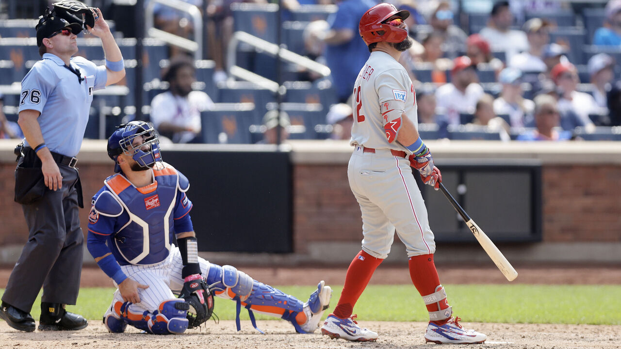 NEW YORK, NEW YORK - JUNE 28: Kyle Schwarber #12 of the Philadelphia Phillies watches the flight of his seventh inning two run home run against the New York Mets at Citi Field on June 28, 2026 in New York City.