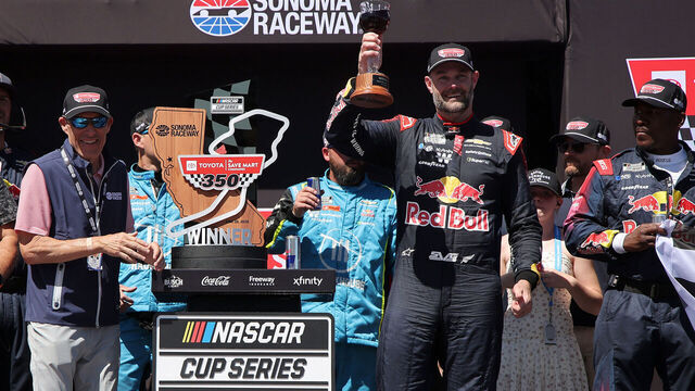 SONOMA, CALIFORNIA - JUNE 28: Shane Van Gisbergen, driver of the #97 Red Bull Chevrolet, celebrates in victory lane after winning the NASCAR Cup Series Toyota/Save Mart 350 at Sonoma Raceway on June 28, 2026 in Sonoma, California.