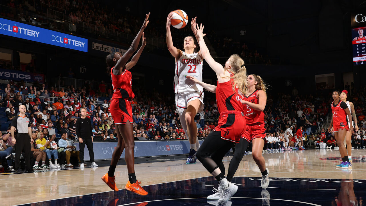 WASHINGTON, D.C. - JUNE 28: Sonia Citron #22 of the Washington Mystics drives to the basket during the game against the Portland Fire on June 28, 2026 at Entertainment and Sports Arena in Washington, D.C. Mandatory Copyright Notice: Copyright 2026 NBAE