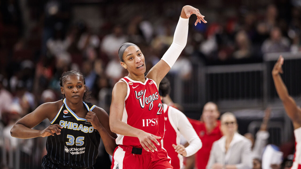 CHICAGO, ILLINOIS - JUNE 28: A'ja Wilson #22 of the Las Vegas Aces reacts to making a three-point basket in the second half of a game between the Las Vegas Aces and the Chicago Sky at United Center on June 28, 2026 in Chicago, Illinois.